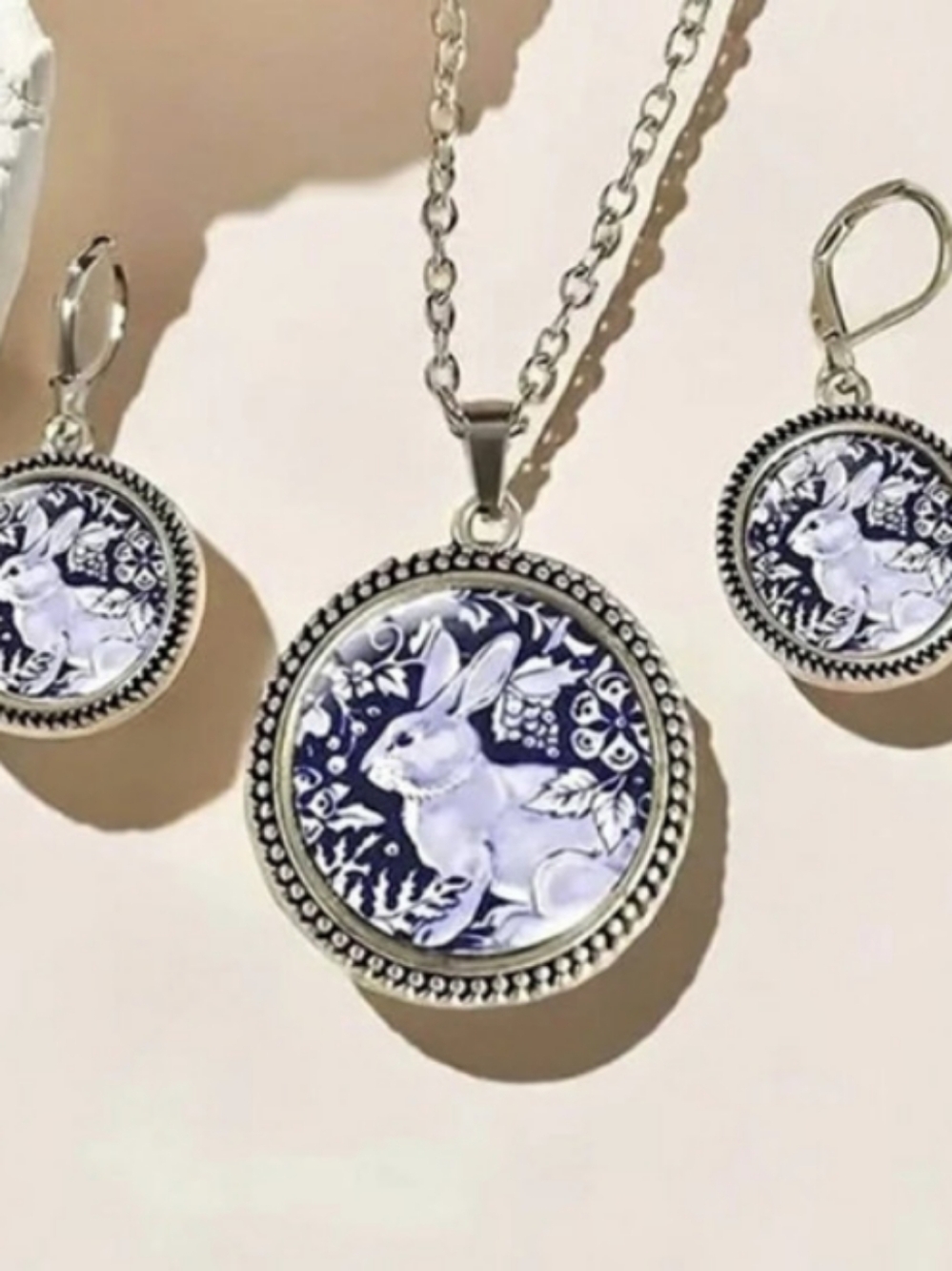 Blue Floral Rabbit Necklace & Earrings Set